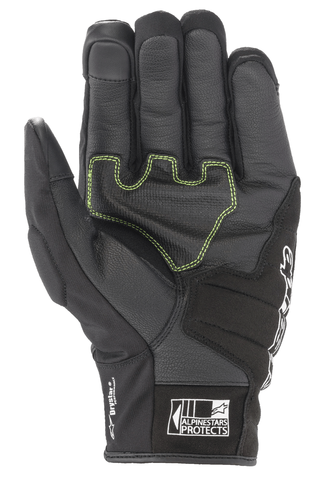 Alpinestars SMX Z Drystar® handschoenen, zwarte motorhandschoenen, handpalmaanzicht met neongroene contraststiksels op versterkt leer, 'Drystar Performance' branding aan de zijkant en 'Alpinestars Protects' logo op de manchet