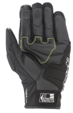 Alpinestars SMX Z Drystar® handschoenen, zwarte motorhandschoenen, handpalmaanzicht met neongroene contraststiksels op versterkt leer, 'Drystar Performance' branding aan de zijkant en 'Alpinestars Protects' logo op de manchet