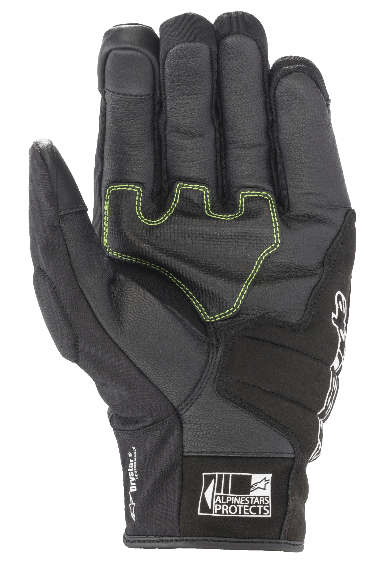 Alpinestars SMX Z Drystar® handschoenen, zwarte motorhandschoenen, handpalmaanzicht met neongroene contraststiksels op versterkt leer, 'Drystar Performance' branding aan de zijkant en 'Alpinestars Protects' logo op de manchet