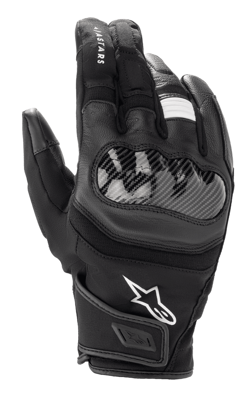 Alpinestars SMX Z Drystar® handschoenen, motorhandschoenen met korte manchet, zwart, met harde knokkelbescherming met carbon-look, constructie van leer en textiel, wit Alpinestars-logo en waterdichte Drystar®-technologie
