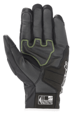 Alpinestars SMX Z Drystar® Gloves, Motorcycle Gloves, Black White Red Fluo, palm view showing reinforced leather with lime green contrast stitching and Alpinestars Protects logo on the cuff