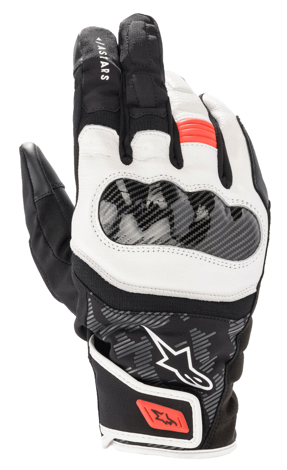 Alpinestars SMX Z Drystar motorhandschoenen, korte motorhandschoenen, zwart, wit en rood fluo, voorzien van een harde knokkelbeschermer met koolstofvezeltextuur, soepele witte lederen panelen en rode accenten op de vinger en de polsband