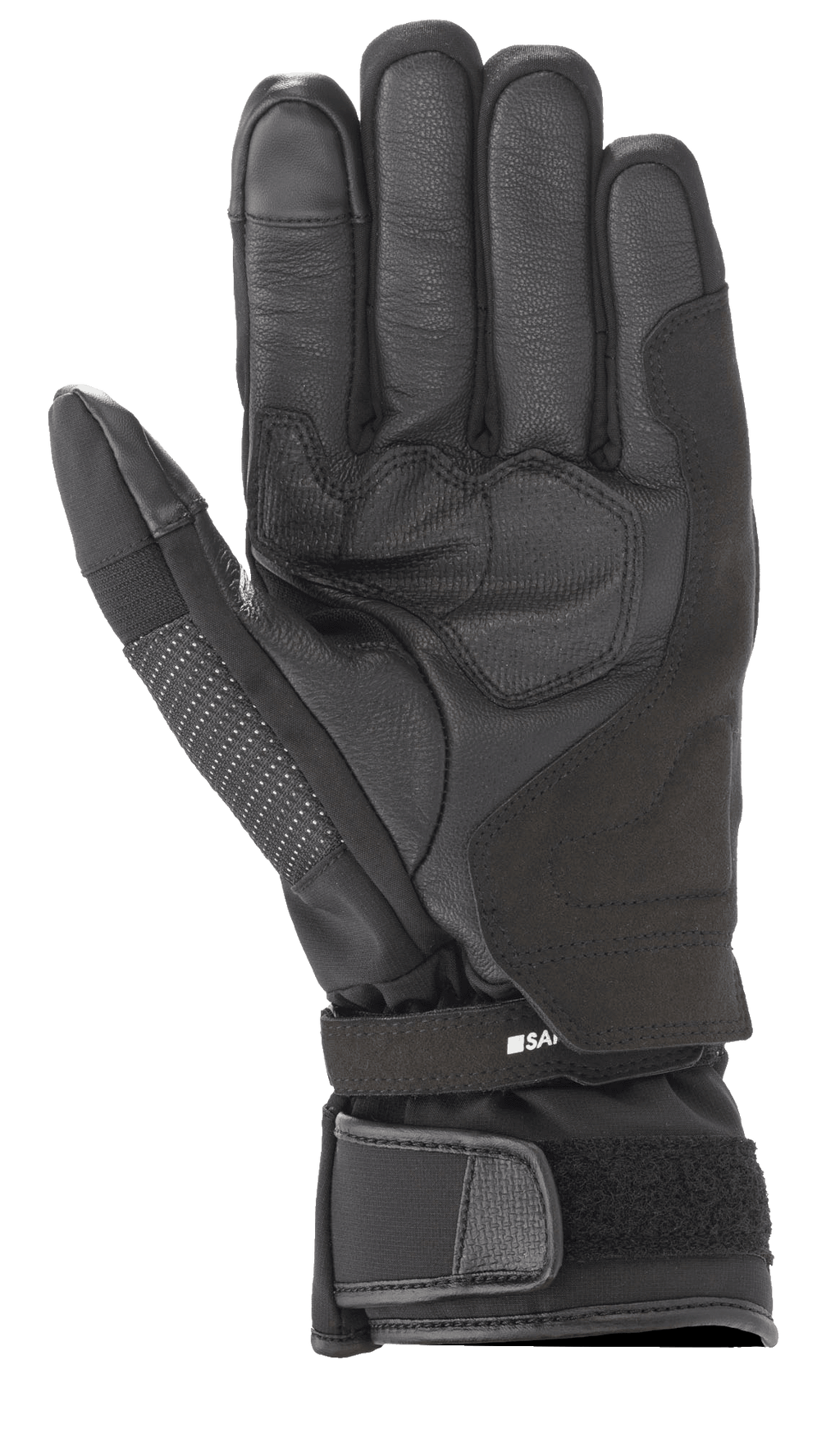 Alpinestars Andes V3 Drystar® handschoen, zwarte motorhandschoen, handpalm-aanzicht met geitenleer en textielconstructie, versterkt palmgedeelte, verstelbare polsband met klittenbandsluiting, technisch all-weather touring-ontwerp