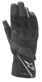 Alpinestars Andes V3 Drystar handschoen, zwarte motor-toerhandschoen, constructie van geitenleer en textiel, voorzien van geïntegreerde knokkelbescherming, wit Alpinestars-logo op de manchet met een reflecterende streep, getextureerde vingerpanelen en Drystar Performance-technologie