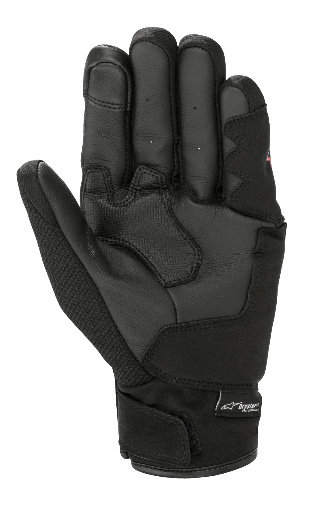 Alpinestars S-Max Drystar® handschoen, motorhandschoen met korte manchet, zwart, palmaanzicht met leren constructie, versterkte grippanelen en verstelbare polssluiting met Drystar-branding