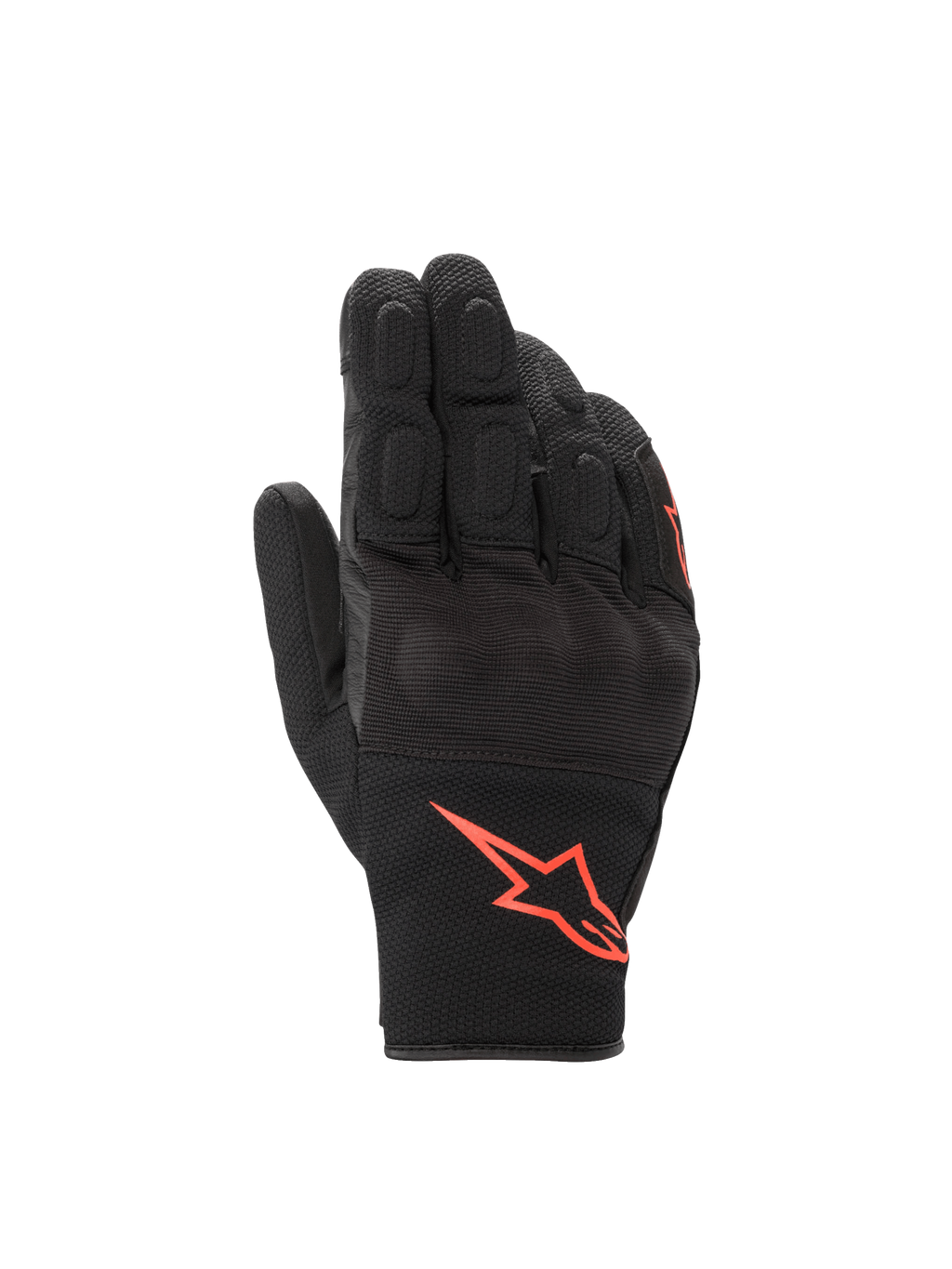 Alpinestars S-Max Drystar® handschoenen, zwarte en fluorescerend rode waterdichte motorhandschoenen met knokkelbescherming.