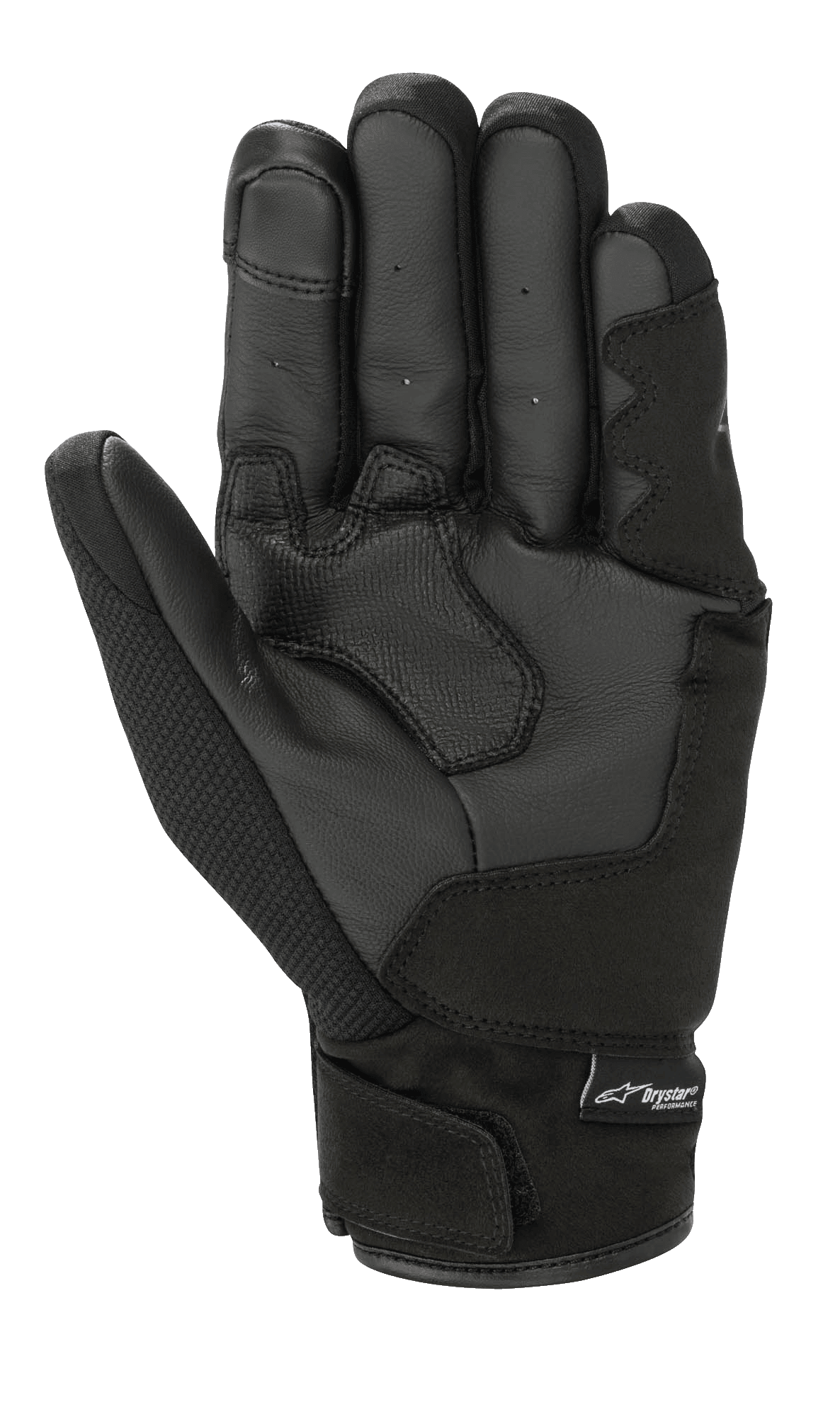 Alpinestars S-Max Drystar® handschoenen, motorhandschoenen, zwart antraciet, palmaanzicht met versterkte lederen constructie, geperforeerde vingerdetails en Drystar® branding op de polssluiting