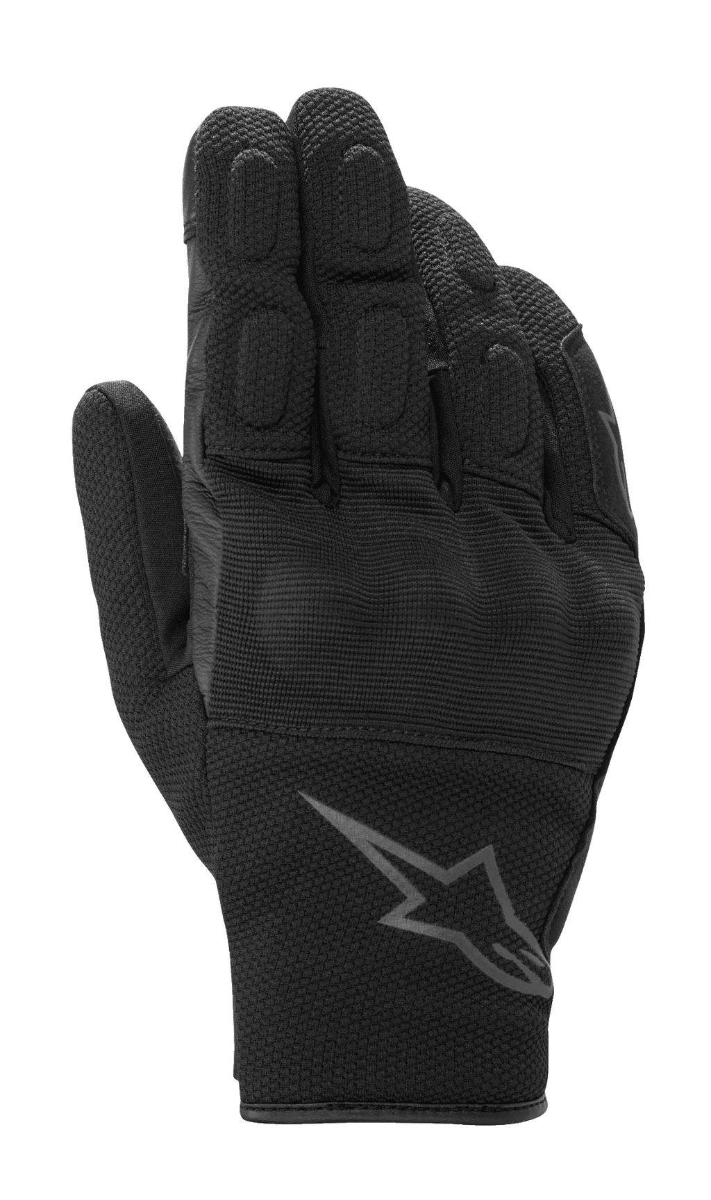 Alpinestars S-Max Drystar handschoenen, motor sporthandschoenen, zwart antraciet, voorzien van bedekte harde knokkelbescherming en gewatteerde vingers, constructie van getextureerd mesh en leer, kort manchetontwerp met Alpinestars-logo, waterdicht en ademend voor weggebruik