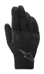 Alpinestars S-Max Drystar handschoenen, motor sporthandschoenen, zwart antraciet, voorzien van bedekte harde knokkelbescherming en gewatteerde vingers, constructie van getextureerd mesh en leer, kort manchetontwerp met Alpinestars-logo, waterdicht en ademend voor weggebruik