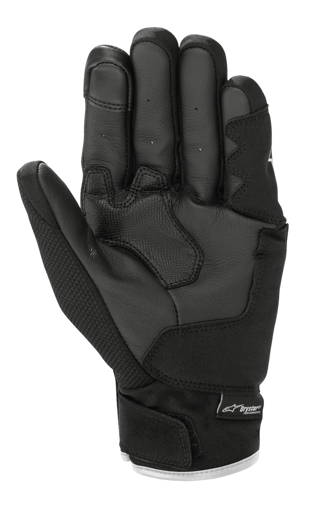Alpinestars S-Max Drystar® handschoenen, motorhandschoenen, zwart en wit, handpalmweergave met lederen constructie en versterkte padding, korte manchet met klittenbandsluiting en Drystar®-branding