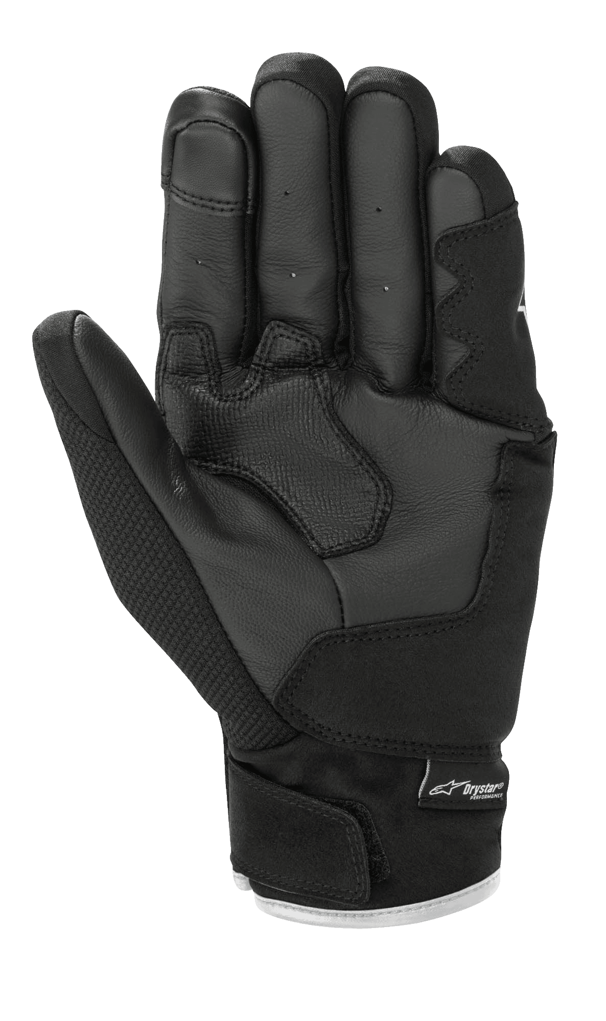 Alpinestars S-Max Drystar® handschoenen, motorhandschoenen, zwart en wit, handpalmweergave met lederen constructie en versterkte padding, korte manchet met klittenbandsluiting en Drystar®-branding