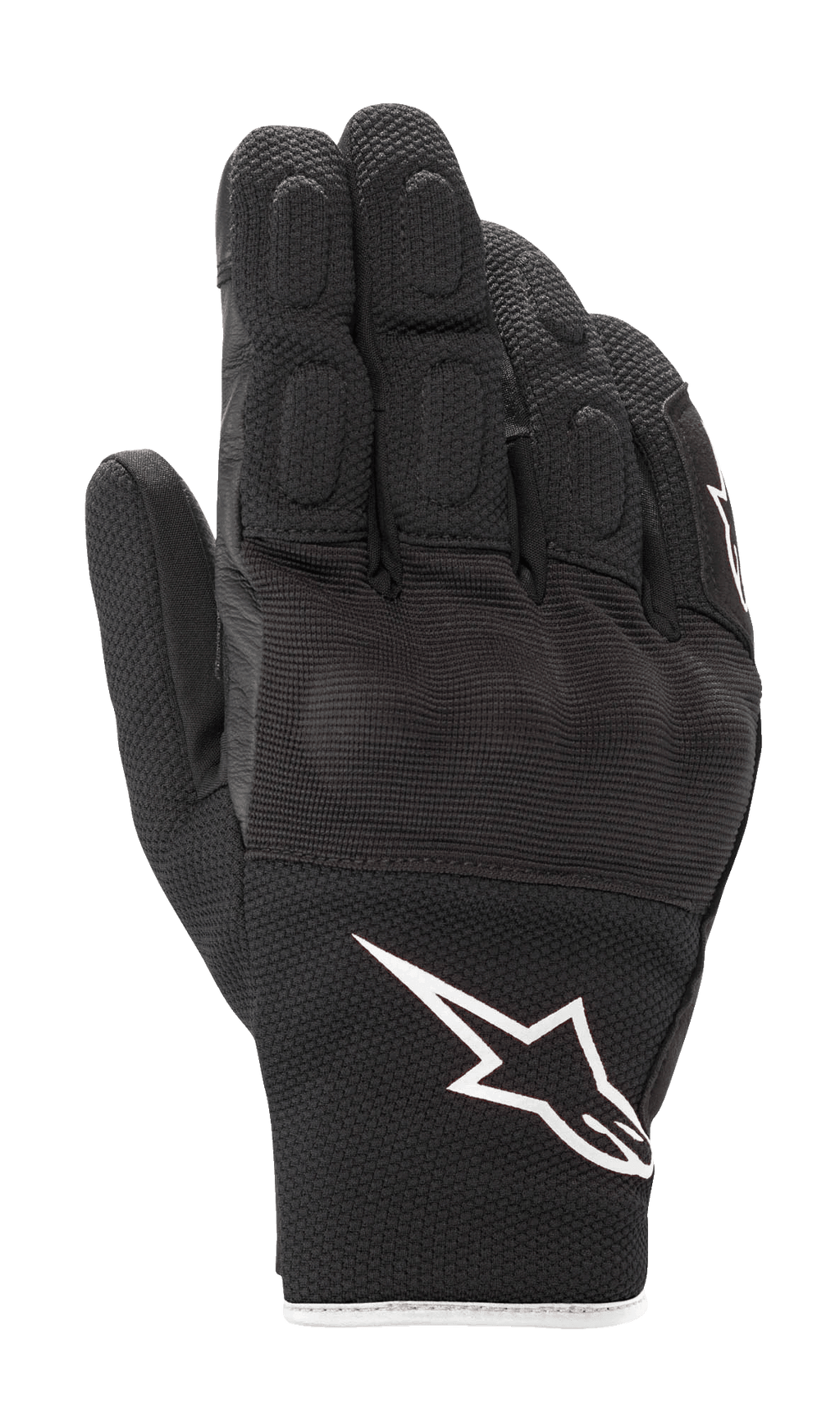 Alpinestars S-Max Drystar® handschoenen, korte motorhandschoenen, zwart met wit Astar-logo, constructie van leer en stretch mesh, voorzien van gewatteerde vingerdetails en knokkelbescherming, waterdichte sport-weguitrusting