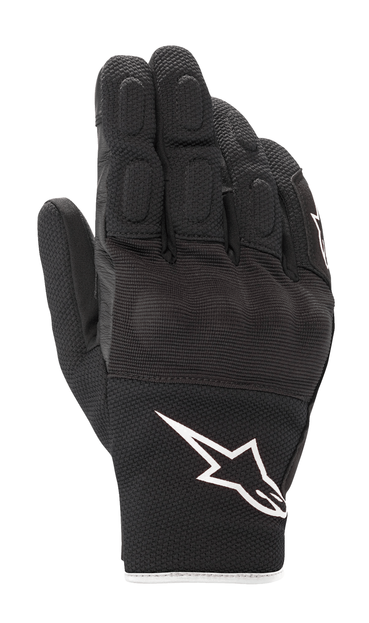 Alpinestars S-Max Drystar® handschoenen, korte motorhandschoenen, zwart met wit Astar-logo, constructie van leer en stretch mesh, voorzien van gewatteerde vingerdetails en knokkelbescherming, waterdichte sport-weguitrusting