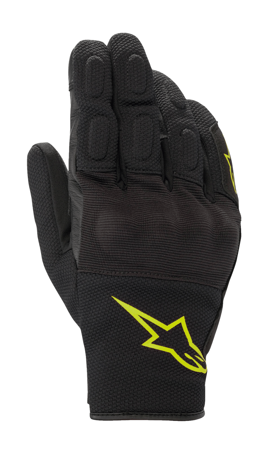 Alpinestars S-Max Drystar motorhandschoenen, sportieve motorhandschoenen, zwart met fluorescerend geel logo, kort manchetontwerp met bedekte harde knokkelbescherming en stretch mesh-panelen, waterdichte en ademende constructie voor rijden op de weg