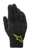 Alpinestars S-Max Drystar motorhandschoenen, sportieve motorhandschoenen, zwart met fluorescerend geel logo, kort manchetontwerp met bedekte harde knokkelbescherming en stretch mesh-panelen, waterdichte en ademende constructie voor rijden op de weg
