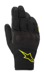 Alpinestars S-Max Drystar motorhandschoenen, sportieve motorhandschoenen, zwart met fluorescerend geel logo, kort manchetontwerp met bedekte harde knokkelbescherming en stretch mesh-panelen, waterdichte en ademende constructie voor rijden op de weg