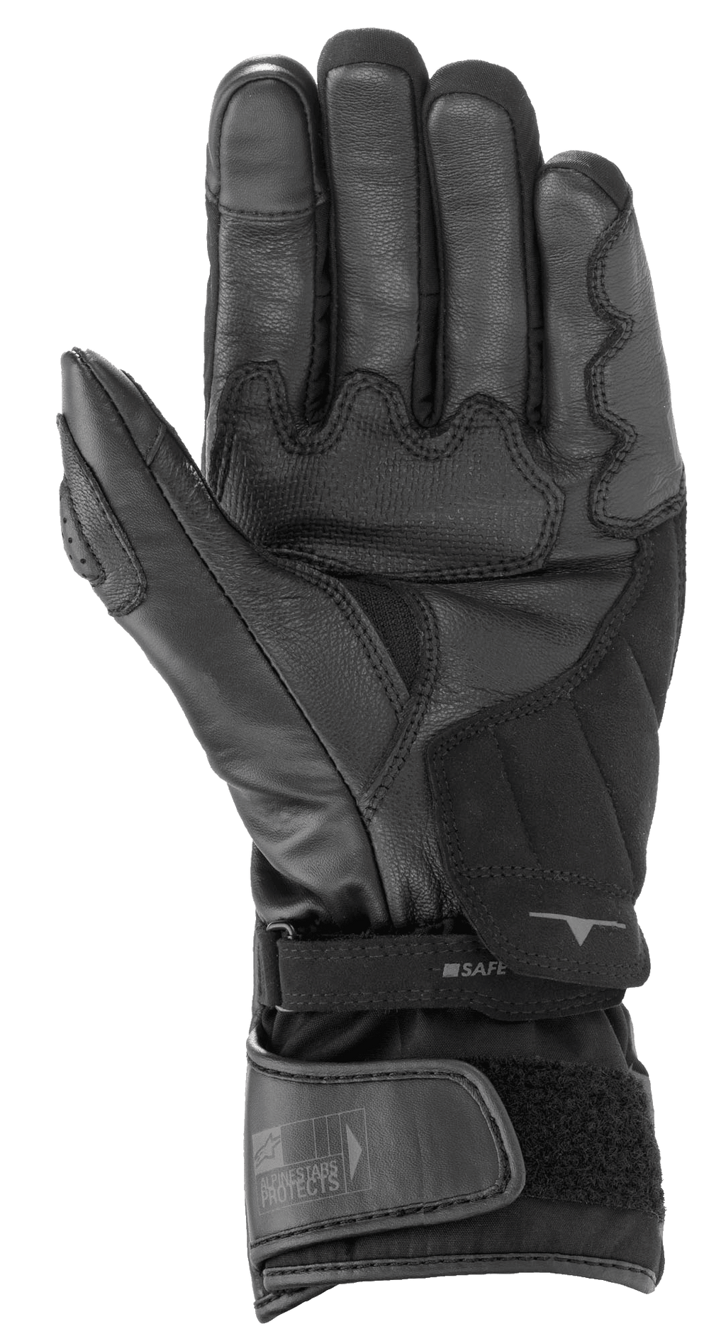 Alpinestars SP-365 Drystar® handschoenen, zwart en antracietgrijs, zicht op de handpalm met versterkte constructie van leer en synthetisch suède, waterdichte motorhandschoenen met verstelbare polssluiting