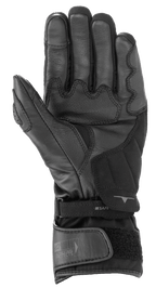 Alpinestars SP-365 Drystar® handschoenen, zwart en antracietgrijs, zicht op de handpalm met versterkte constructie van leer en synthetisch suède, waterdichte motorhandschoenen met verstelbare polssluiting