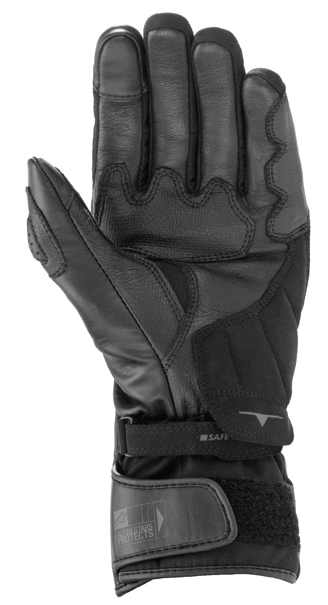 Alpinestars SP-365 Drystar® handschoenen, zwart en antracietgrijs, zicht op de handpalm met versterkte constructie van leer en synthetisch suède, waterdichte motorhandschoenen met verstelbare polssluiting