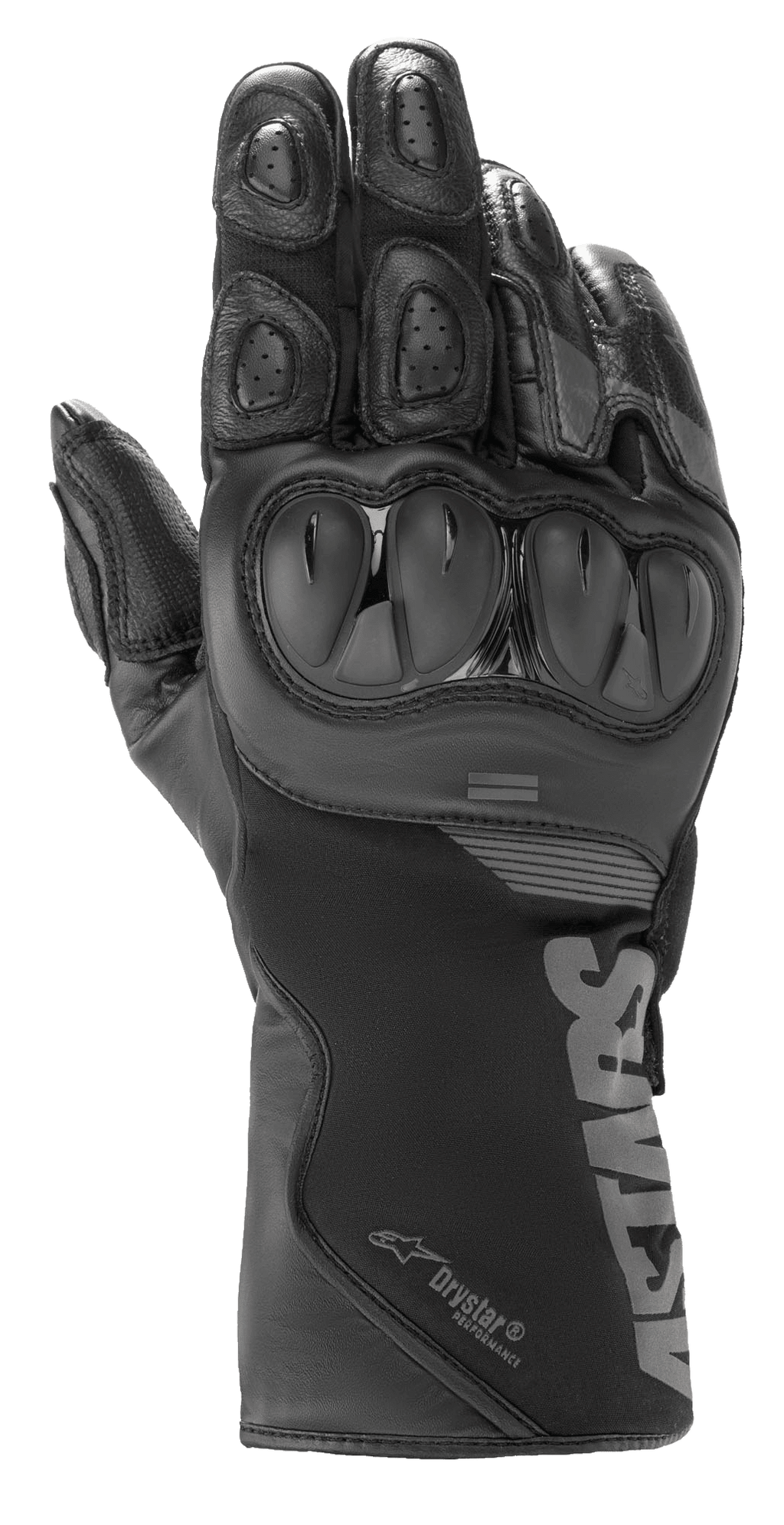 Alpinestars SP-365 Drystar® motorhandschoenen, zwart antraciet, waterdichte leer- en softshell-constructie, voorzien van harde SP-knokkelbescherming, geventileerde vingerkussentjes en lange manchet met Astars-branding