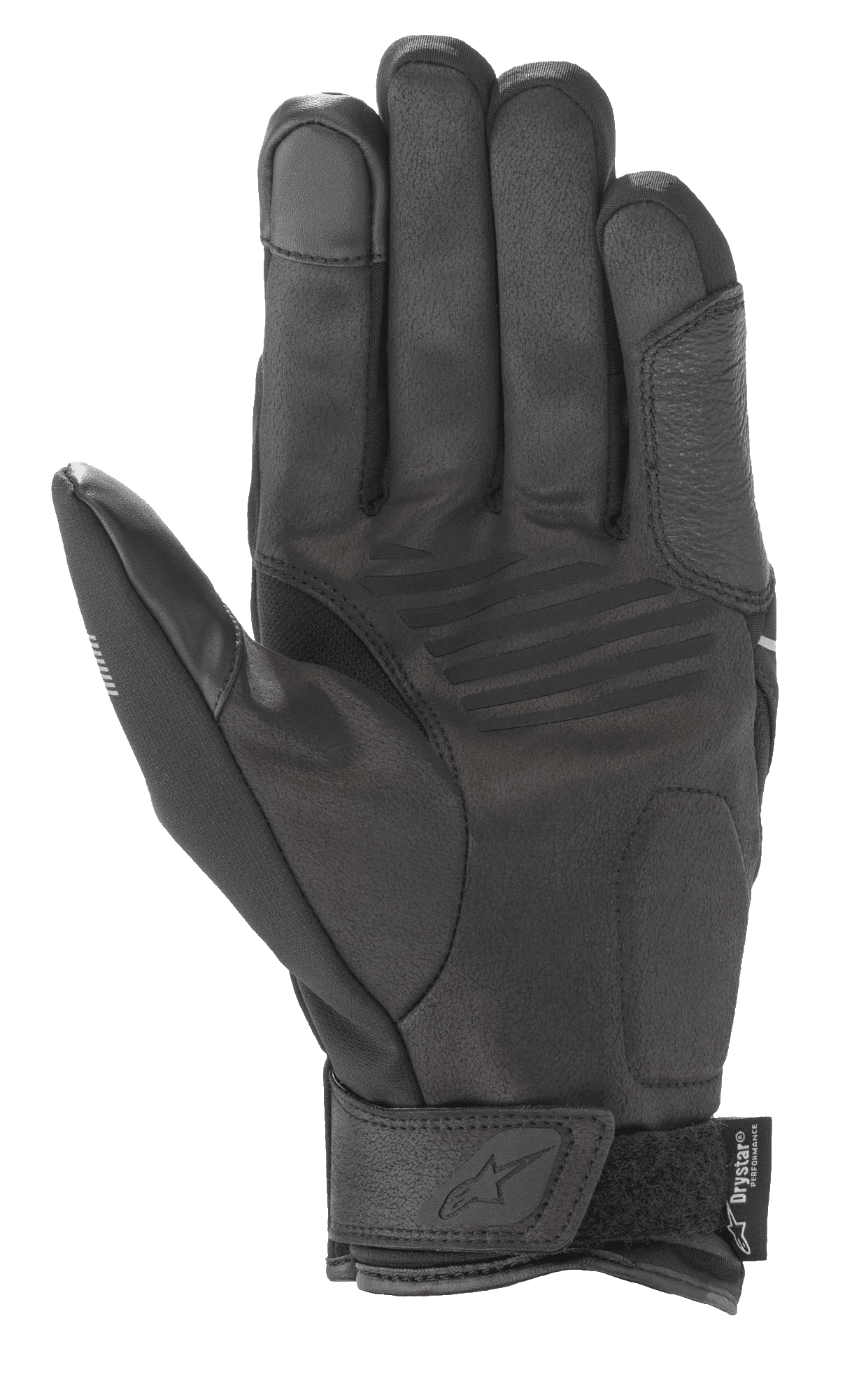 Alpinestars Syncro V2 Drystar® Gloves, Urban Motorcycle Gloves, Black Mid Gray, palm view featuring synthetic suede construction, padded reinforcements, touchscreen-compatible fingertip, and velcro wrist strap with Alpinestars branding.