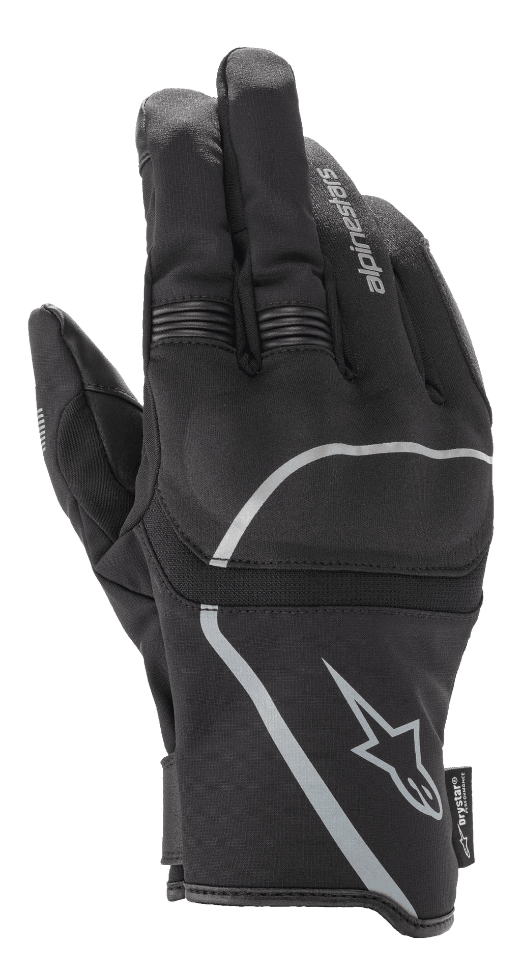 Alpinestars Syncro V2 Drystar® Gloves, Urban Motorcycle Gloves, Black and Mid Gray, back view highlighting the textile construction and viscoelastic knuckle protection, waterproof and breathable design with reflective accents.