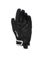 Alpinestars Stella Moblast Waterproof handschoenen, zicht op de handpalm, zwart met witte accenten, voorzien van geitenlederen palm, Alpinestars-logo en Drystar-branding op de duim, motorhandschoenen met kort manchet voor dames