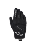 Alpinestars Stella Moblast waterdichte handschoenen, dames motorhandschoenen, zwart met witte bies, bovenaanzicht met Alpinestars-logo, MO.ST.EQ-branding en zachte knokkelbescherming