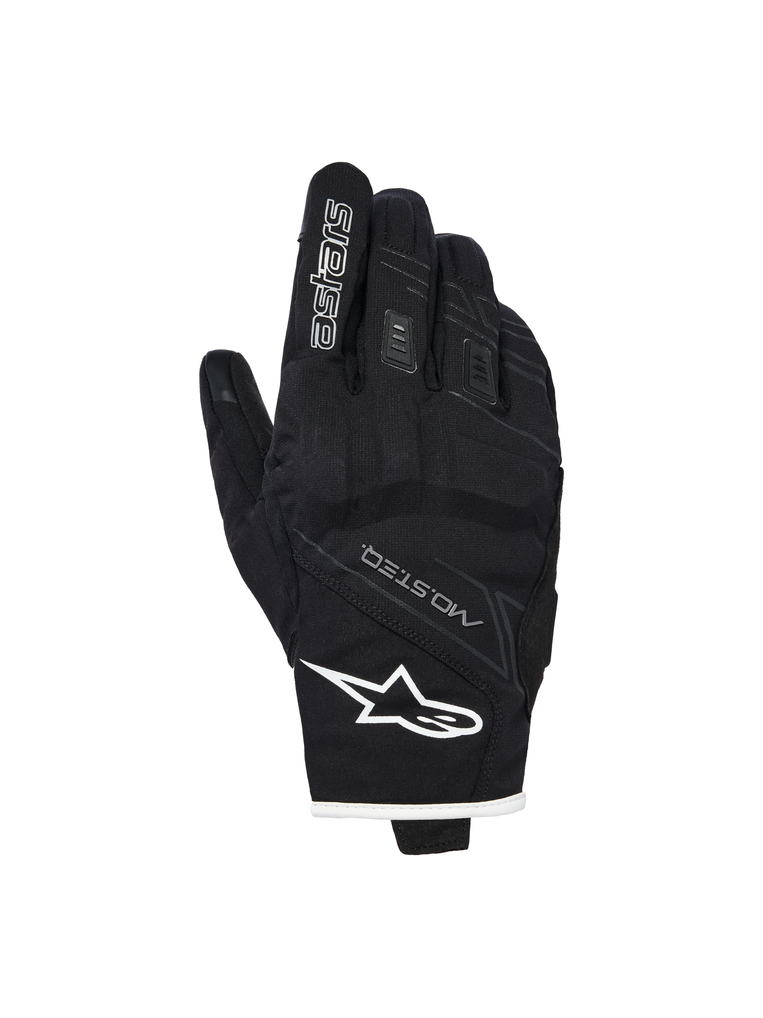 Alpinestars Stella Moblast waterdichte handschoenen, dames motorhandschoenen, zwart met witte bies, bovenaanzicht met Alpinestars-logo, MO.ST.EQ-branding en zachte knokkelbescherming