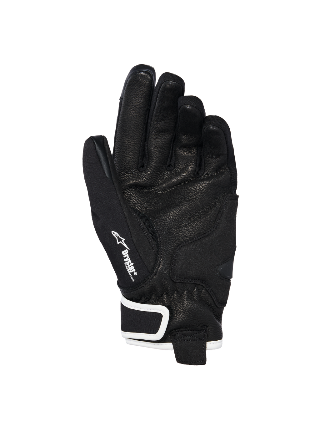 Alpinestars Stella Moblast Waterproof handschoenen, handpalm-aanzicht, zwart geitenleer met textuur voor grip, witte accenten en Drystar-branding, kort manchetontwerp voor stedelijk motorrijden