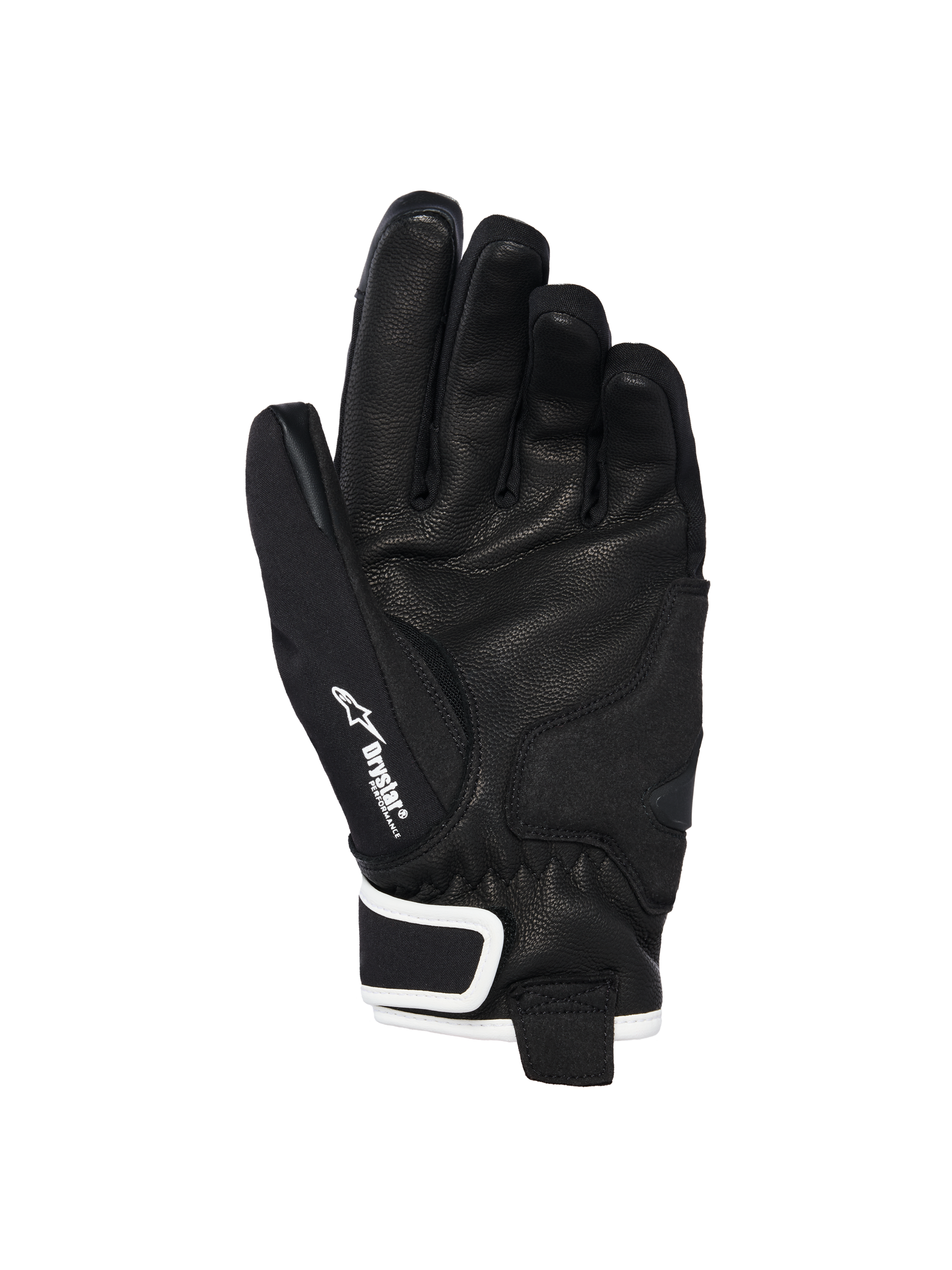 Alpinestars Stella Moblast Waterproof handschoenen, handpalm-aanzicht, zwart geitenleer met textuur voor grip, witte accenten en Drystar-branding, kort manchetontwerp voor stedelijk motorrijden
