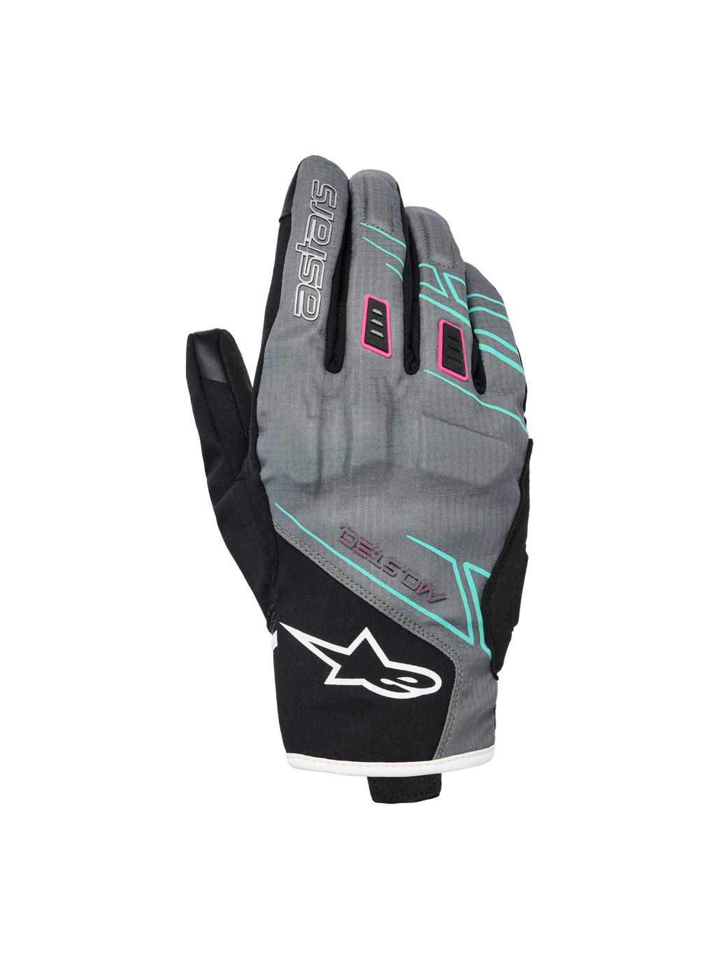 Alpinestars Stella Moblast Waterproof handschoenen, dames motorhandschoenen, grijs en zwart met roze en turquoise accenten, kort manchetontwerp met MO.ST.EQ.-branding, textielconstructie met beschermende knokkelvulling en wit Alpinestars-logo