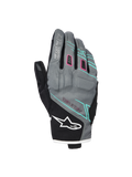 Alpinestars Stella Moblast Waterproof handschoenen, dames motorhandschoenen, grijs en zwart met roze en turquoise accenten, kort manchetontwerp met MO.ST.EQ.-branding, textielconstructie met beschermende knokkelvulling en wit Alpinestars-logo