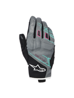 Alpinestars Stella Moblast Waterproof handschoenen, dames motorhandschoenen, grijs en zwart met roze en turquoise accenten, kort manchetontwerp met MO.ST.EQ.-branding, textielconstructie met beschermende knokkelvulling en wit Alpinestars-logo