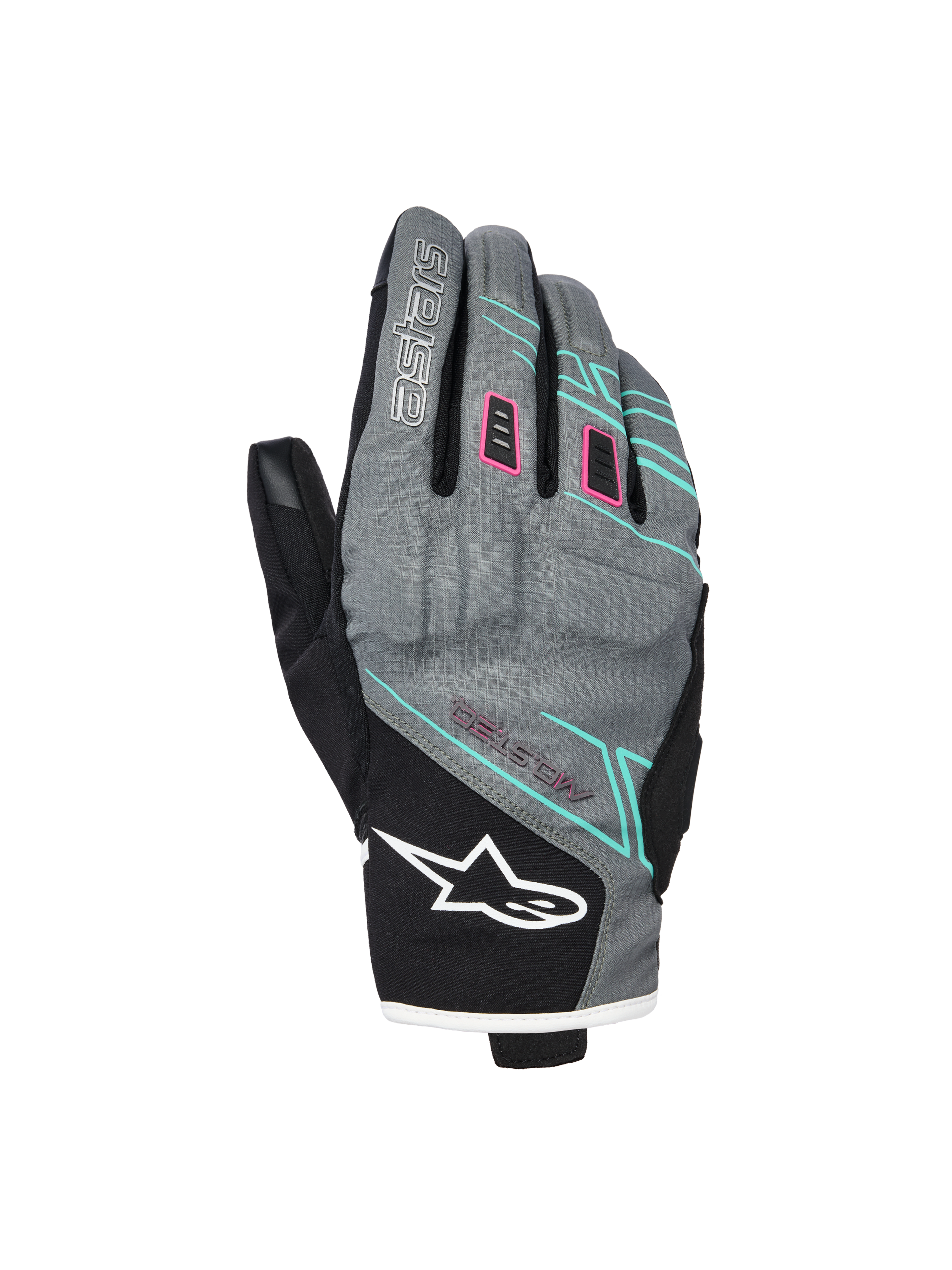 Alpinestars Stella Moblast Waterproof handschoenen, dames motorhandschoenen, grijs en zwart met roze en turquoise accenten, kort manchetontwerp met MO.ST.EQ.-branding, textielconstructie met beschermende knokkelvulling en wit Alpinestars-logo