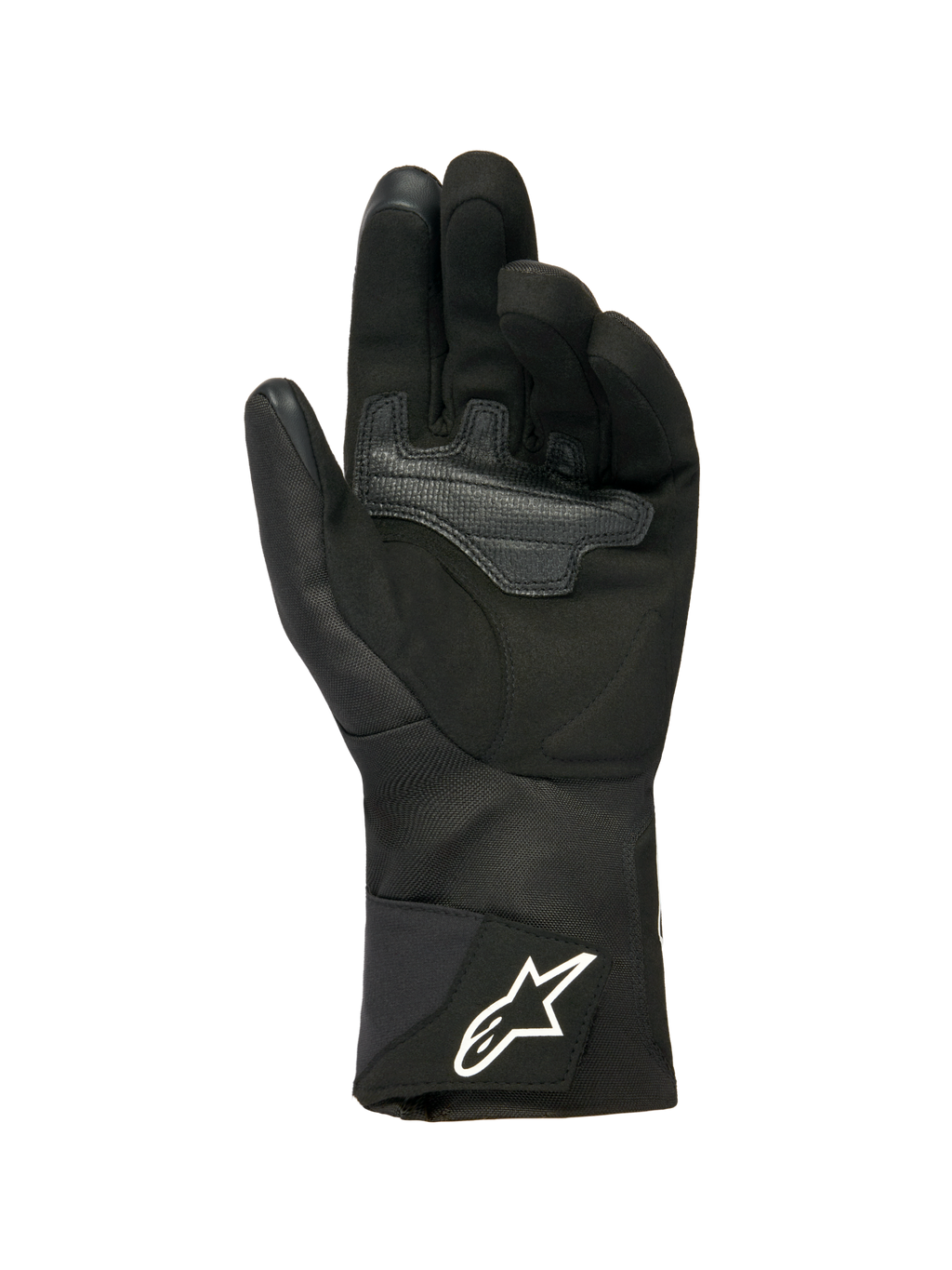 Alpinestars Stella WT-1 Drystar® geïsoleerde dameshandschoenen, zwart, zicht op de handpalm met zacht suède en overlay-versterking voor grip, lange textielen manchet met wit Alpinestars-logo op de band, touchscreen-compatibele vingertoppen, technische winter-motoruitrusting