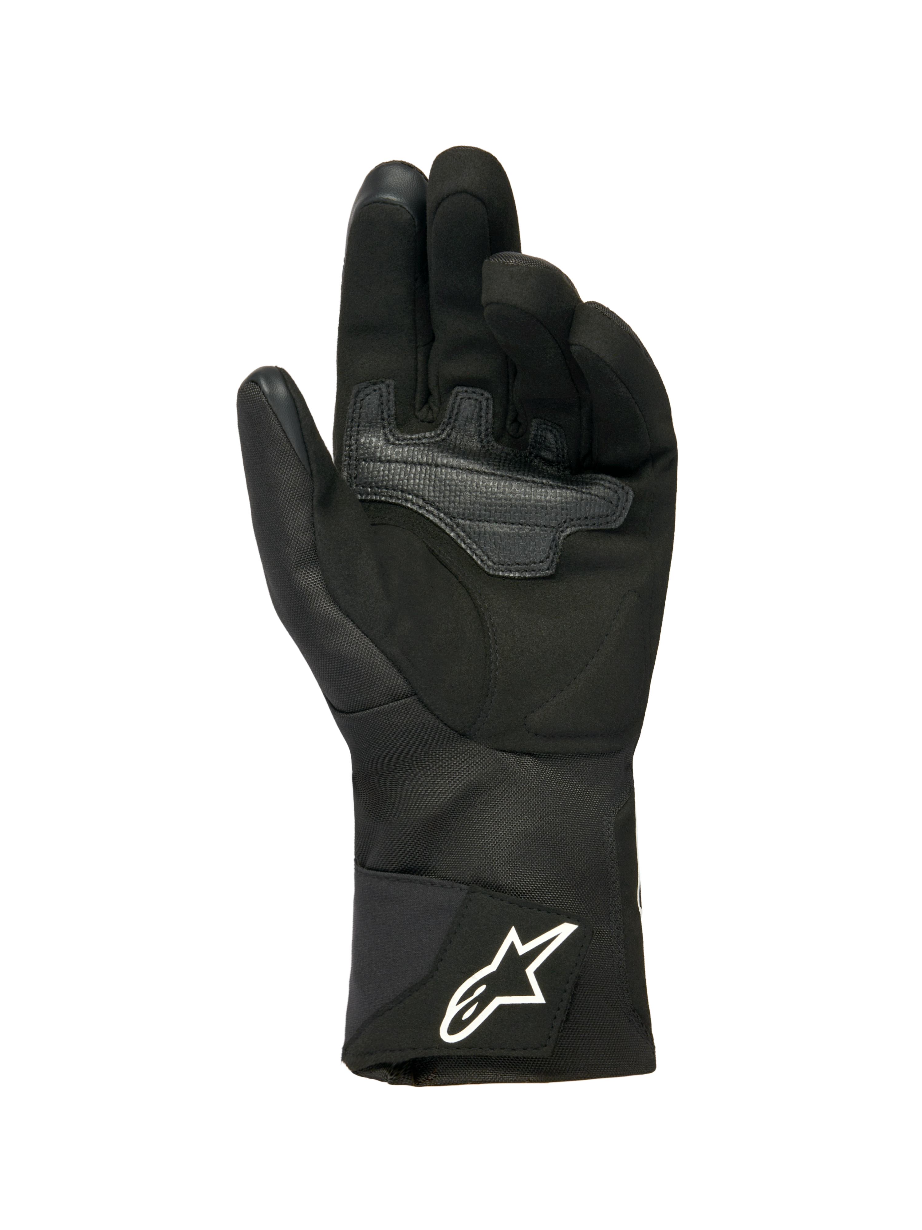 Alpinestars Stella WT-1 Drystar® geïsoleerde dameshandschoenen, zwart, zicht op de handpalm met zacht suède en overlay-versterking voor grip, lange textielen manchet met wit Alpinestars-logo op de band, touchscreen-compatibele vingertoppen, technische winter-motoruitrusting