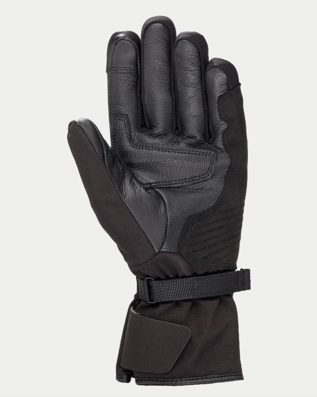Alpinestars Stella Tourer W-7 Drystar® dameshandschoenen, zwart, aanzicht van de handpalm met leer en softshell constructie, lange touring-manchet met verstelbare riem, versterkte handpalm en duim, waterdichte en thermische winter motoruitrusting voor adventure touring