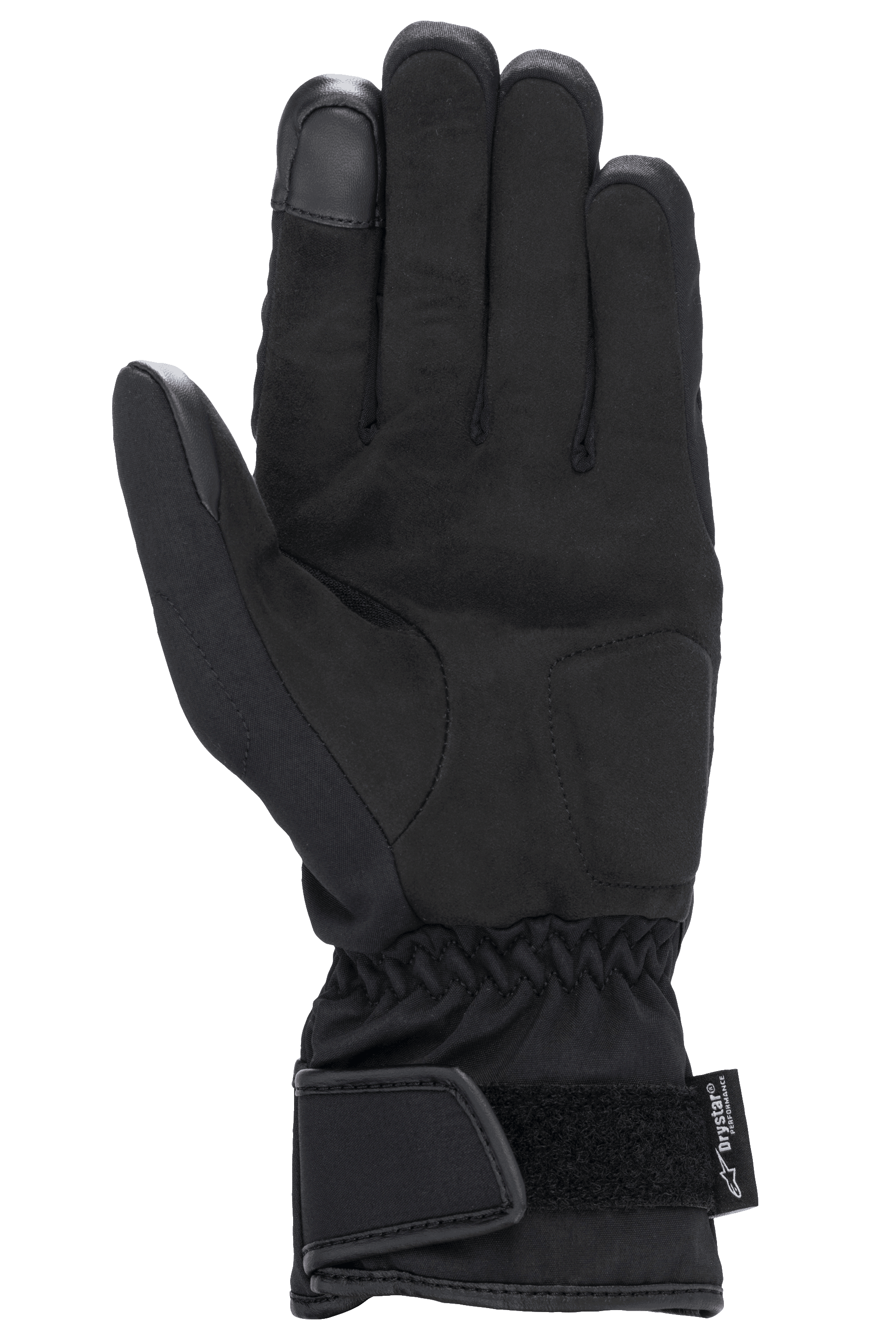 Alpinestars Stella SR-3 V2 Drystar® handschoenen voor dames, zwart, zijaanzicht van de handpalm met synthetisch lederen versterkingen, touchscreen-compatibele wijsvingertop, elastische pols en manchet met verstelbare klittenbandsluiting en Drystar-branding.