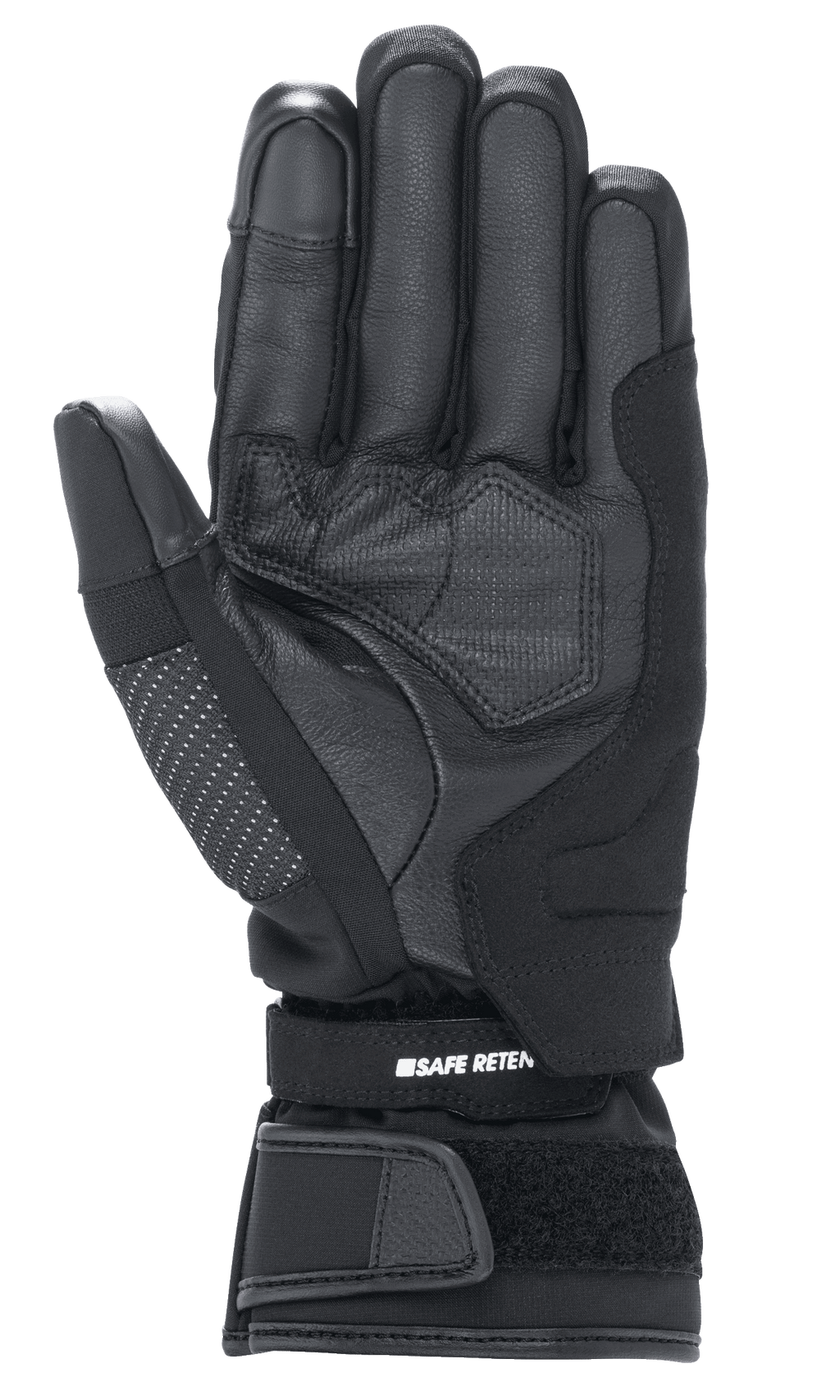 Alpinestars Stella Andes V3 Drystar® dameshandschoenen, motorhandschoen in zwart antraciet, zicht op de handpalm met geitenlederen constructie, versterkte padding en verstelbare klittenband polssluiting met Safe Retention-branding.