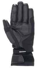 Alpinestars Stella Andes V3 Drystar® dameshandschoenen, motorhandschoen in zwart antraciet, zicht op de handpalm met geitenlederen constructie, versterkte padding en verstelbare klittenband polssluiting met Safe Retention-branding.