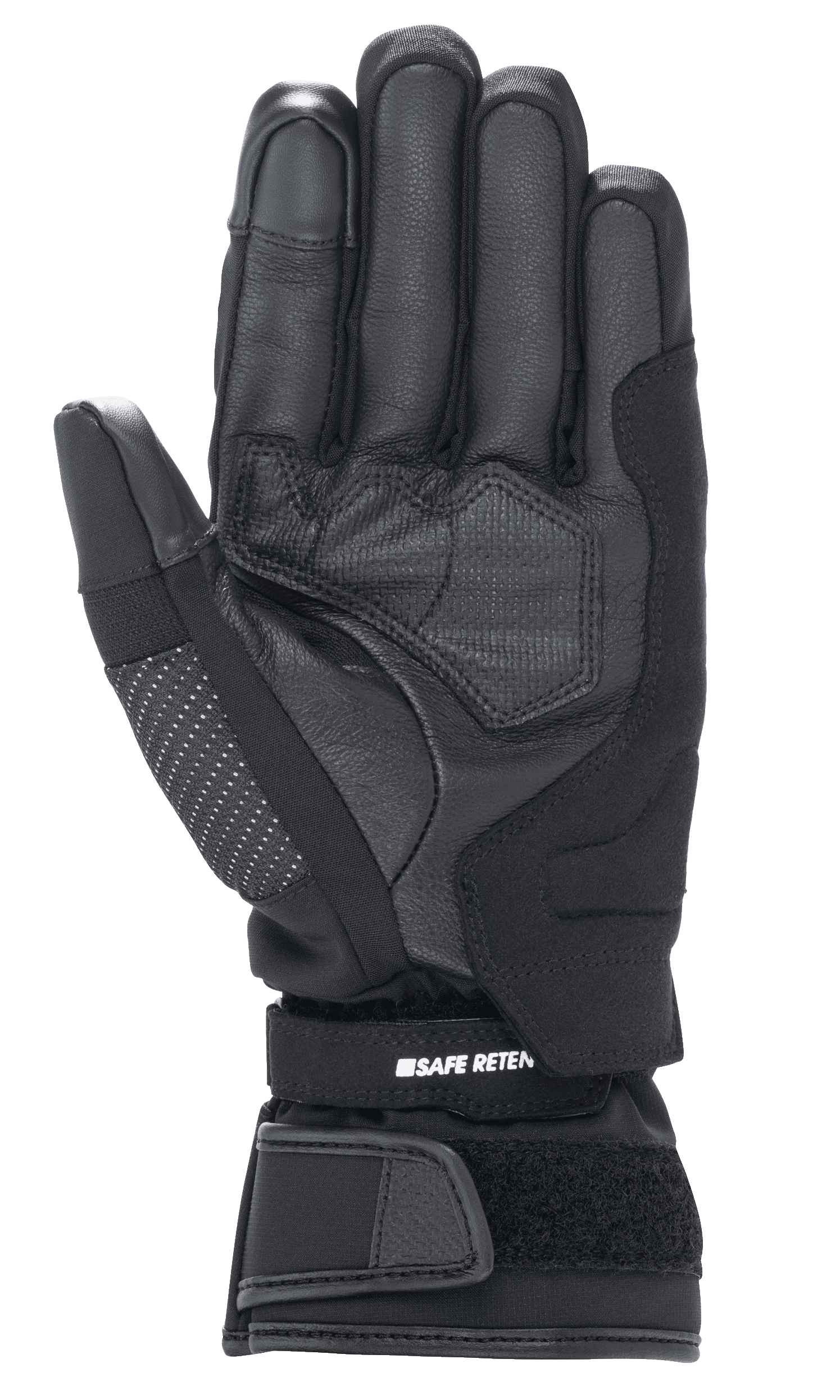 Alpinestars Stella Andes V3 Drystar® dameshandschoenen, motorhandschoen in zwart antraciet, zicht op de handpalm met geitenlederen constructie, versterkte padding en verstelbare klittenband polssluiting met Safe Retention-branding.