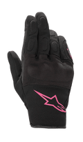 Alpinestars Stella S-Max dameshandschoenen, motorhandschoenen, zwart en fuchsia, met een roze Alpinestars-logo op de manchet, kort model met getextureerde mesh en geïntegreerde knokkelbescherming