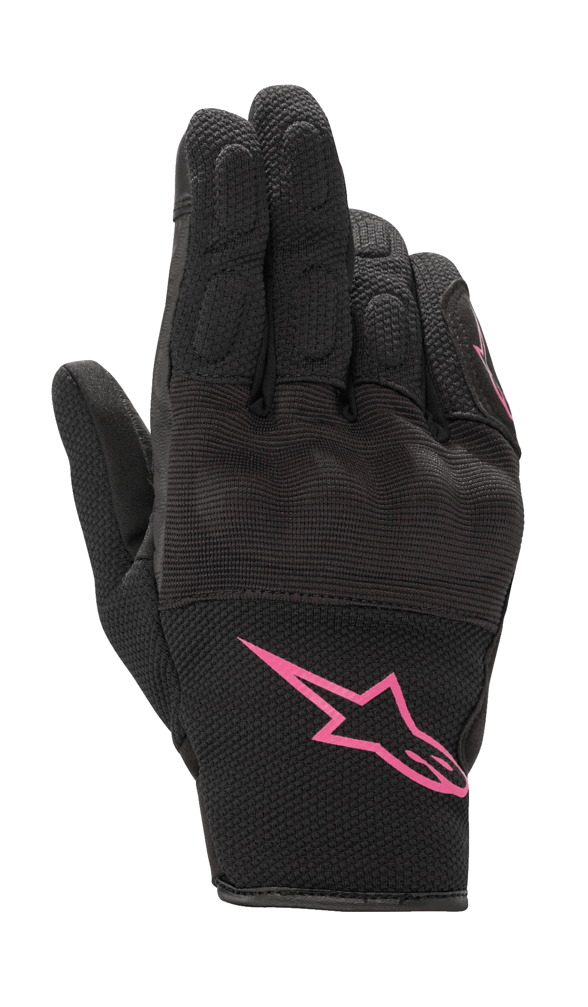 Alpinestars Stella S-Max dameshandschoenen, motorhandschoenen, zwart en fuchsia, met een roze Alpinestars-logo op de manchet, kort model met getextureerde mesh en geïntegreerde knokkelbescherming