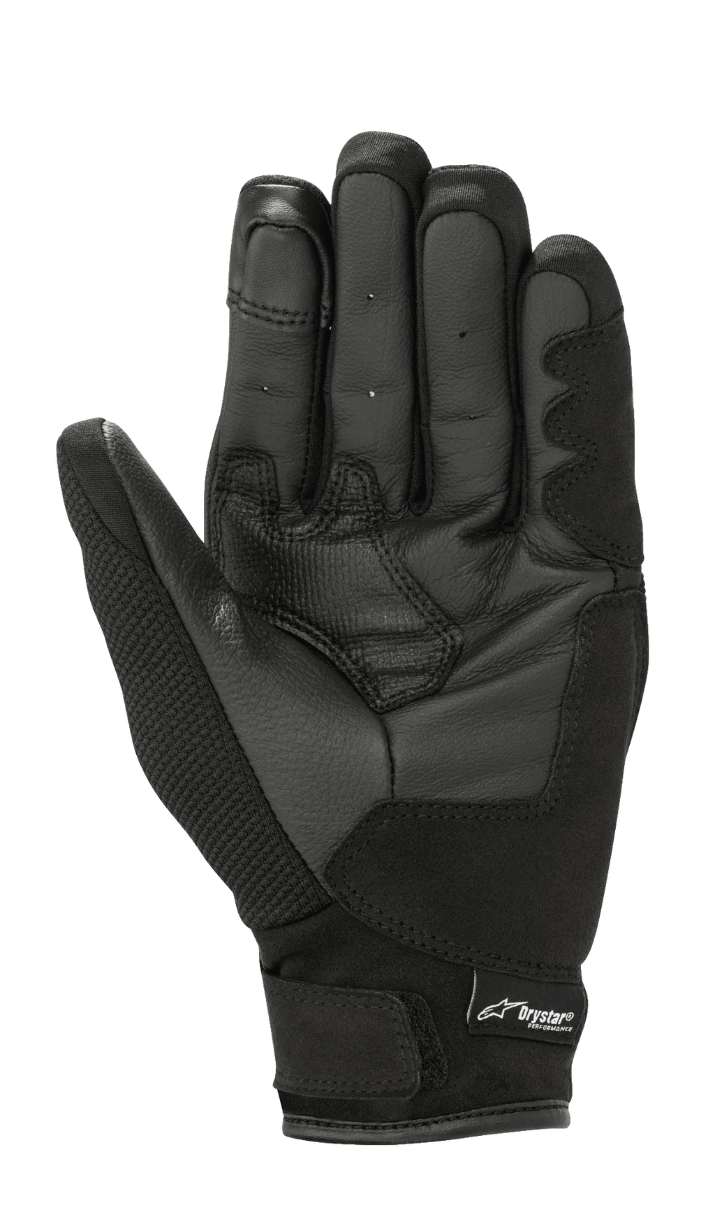 Alpinestars Stella S-Max Drystar dameshandschoenen, Zwart Antraciet, palmaanzicht met lederen constructie, versterkte gripzones en klittenbandsluiting bij de pols met Drystar-branding