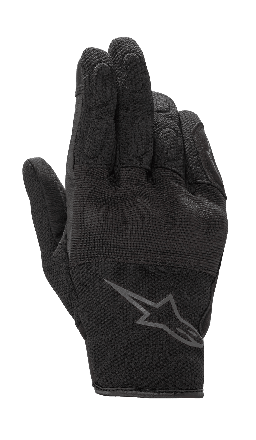 Alpinestars S-Max dameshandschoenen, motorhandschoenen, zwart antraciet, kort manchetontwerp met een constructie van leer en stretch mesh, voorzien van harde knokkelbescherming en een grijs Alpinestars-logo op de pols, waterdichte beschermende motorkleding voor op de weg