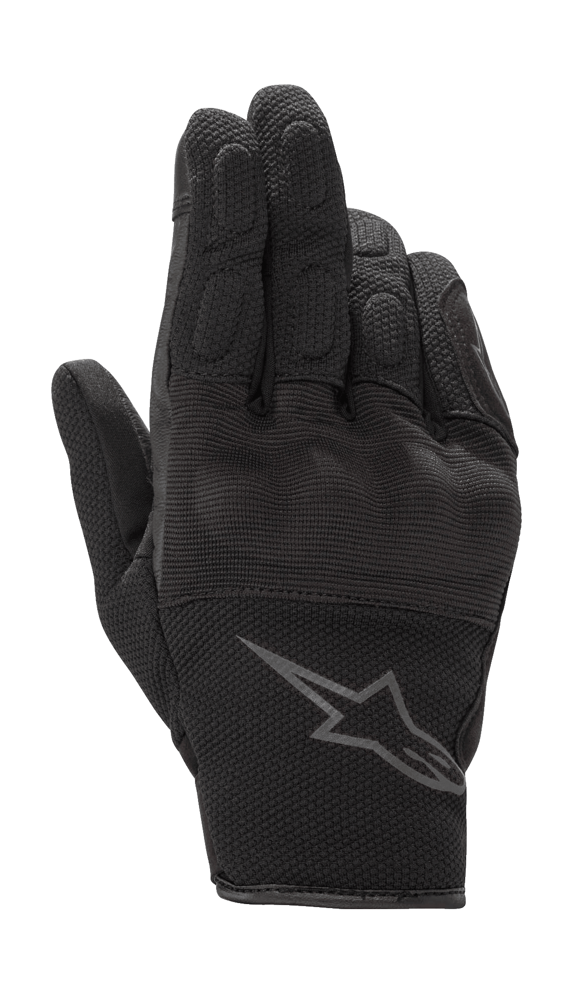 Alpinestars S-Max dameshandschoenen, motorhandschoenen, zwart antraciet, kort manchetontwerp met een constructie van leer en stretch mesh, voorzien van harde knokkelbescherming en een grijs Alpinestars-logo op de pols, waterdichte beschermende motorkleding voor op de weg