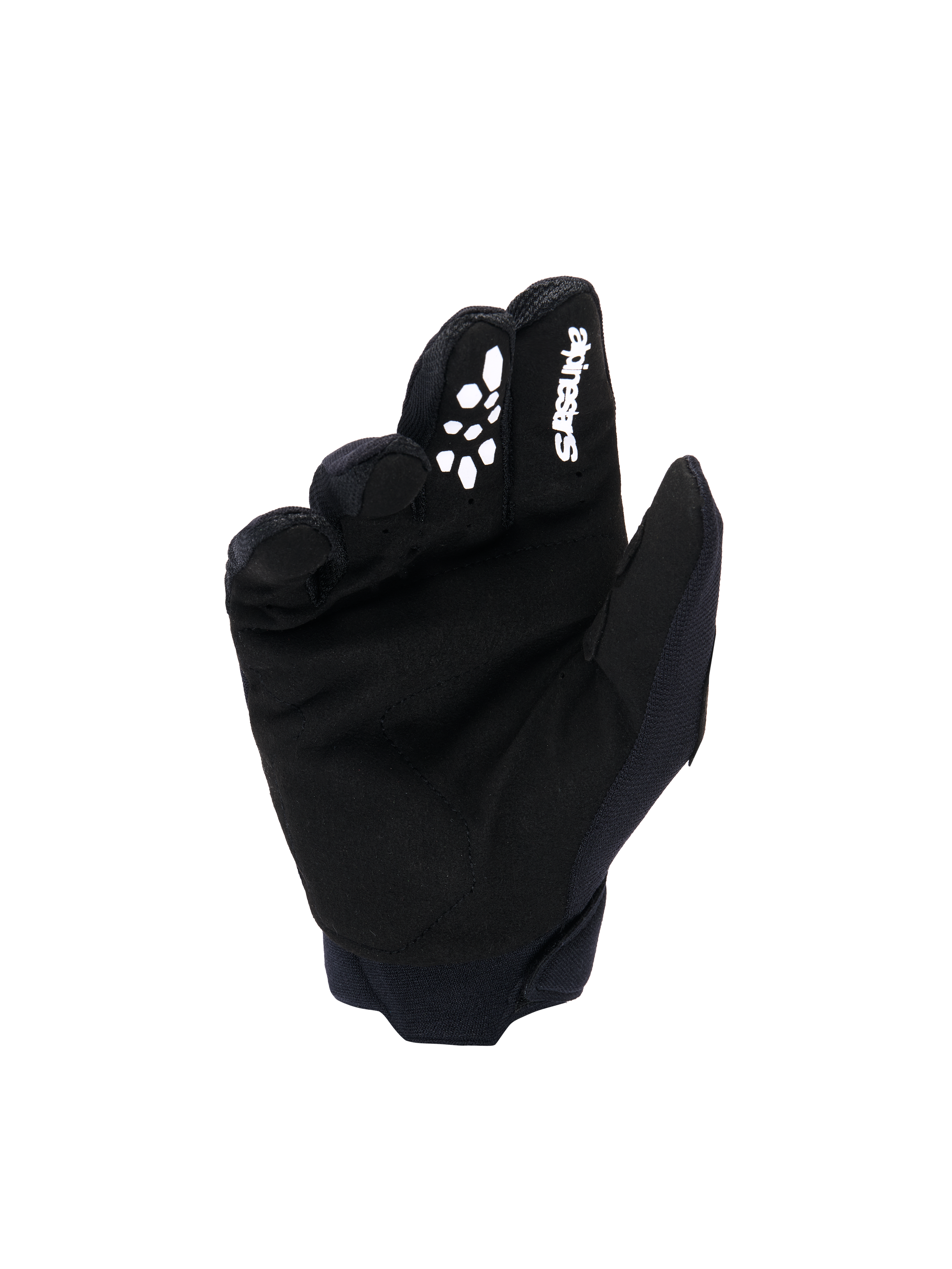 Alpinestars Youth & Kids Full Bore V2 Gloves, Motocross Gloves, Black and White, Palm view showing synthetic suede material, white Alpinestars logo and silicone-printed grip on index finger, durable off-road racing gear