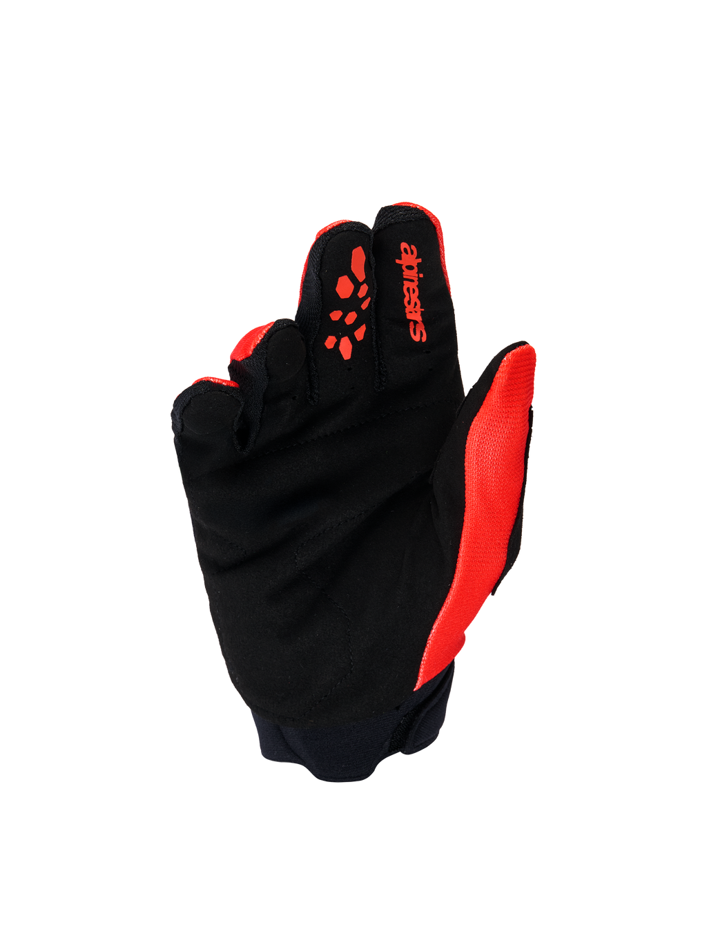 Alpinestars Youth & Kids Full Bore V2 Gloves, Motocross Gloves, Bright Red and Black, palm view showing reinforced black synthetic suede and red silicone grip patterns on fingers, durable off-road gear for young riders.