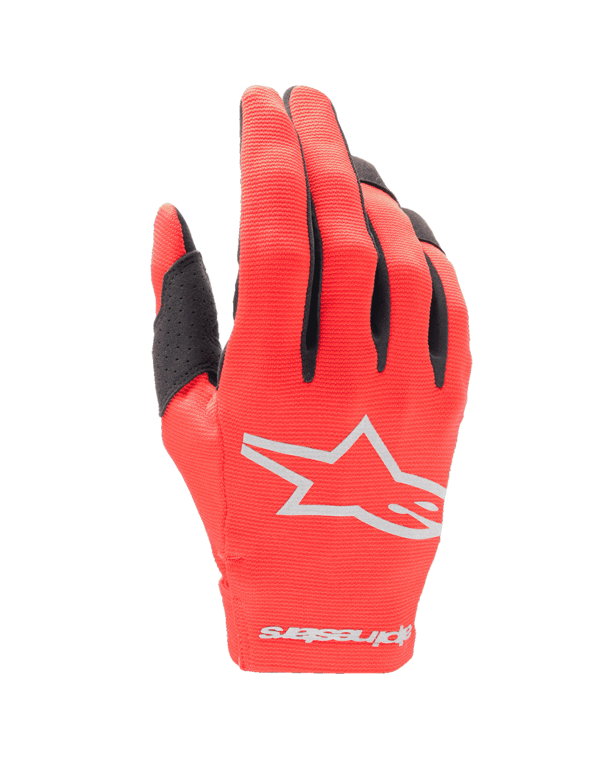Alpinestars Youth 2024 Radar handschoenen, motorcross handschoenen, Mars rood en zilver, bovenzijde met een wit ster-logo en woordmerk op het manchet, lichtgewicht stretchstof met zwarte vingeraccenten, duurzame off-road race-uitrusting voor de jeugd